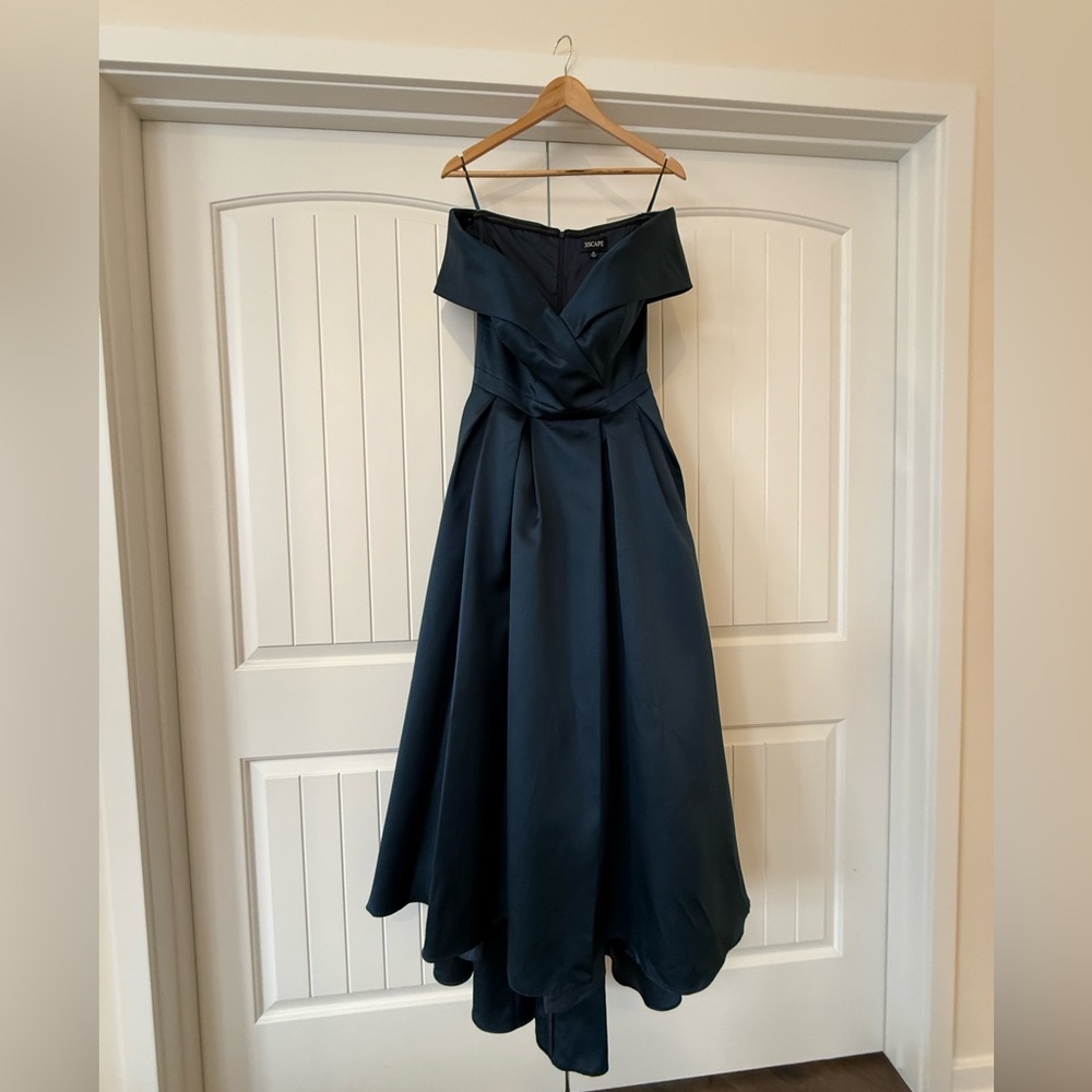 Xscape Off-Shoulder Gorgeous Blue-Green Formal floor length dress.Longer in back